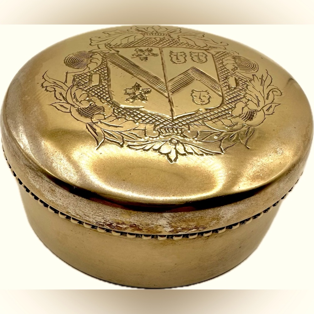 Antique French Brass Box w/Unusual Coat of Arms on Lid-One of a Kind-Tobacco Box